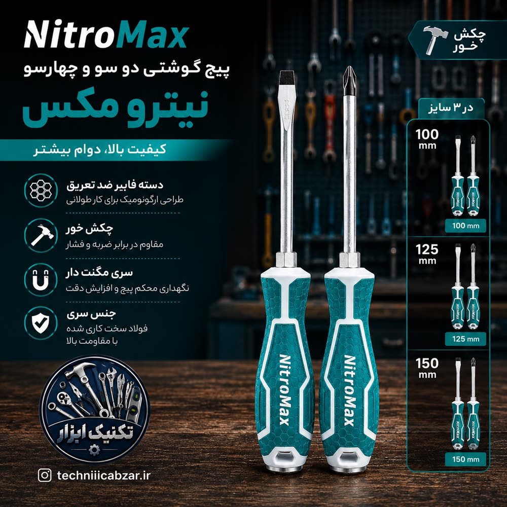 پیچ گوشتی دو سو و چهارسو نیترومکس دسته فایبر چکش خور